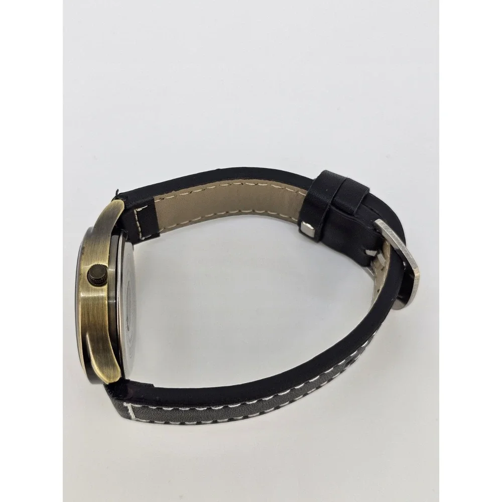 Men Analog Watch 38MM Bronze Dial New Faux Black Leather Bands New Battery READ